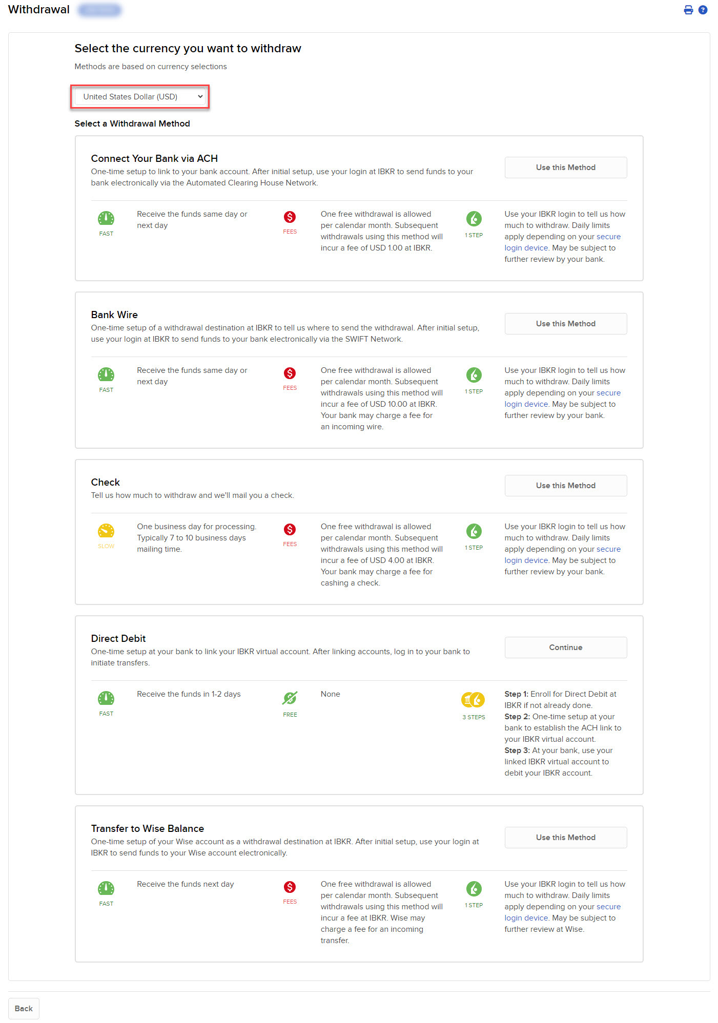 The select currency withdrawal panel in Portal. 